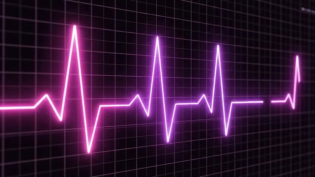 Neon pink and purple ECG heartbeat line on a black grid background with a white border at the bottom.