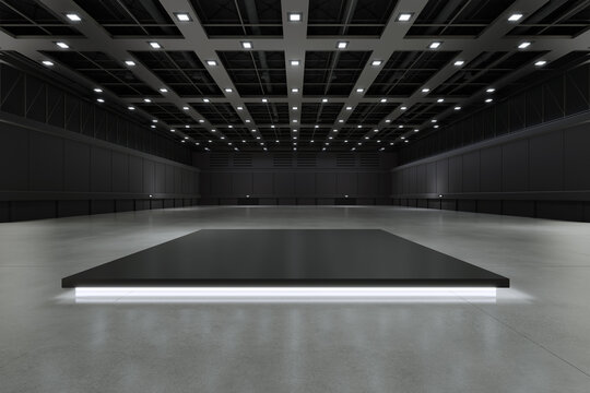 Empty hall exhibition for stage Design,mockup,Product display and Corporate identity.Platform elements in hall.Blank floor system for Graphic Resources.Scene event led night light staging,3D render.