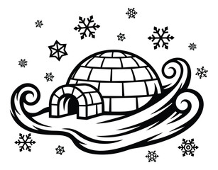 Fototapeta premium Line art illustration of an igloo depicting a winter scene with falling snowflakes for winter holiday designs