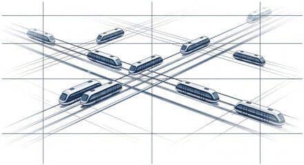 Modern high speed trains crossing on railway tracks illustration. © Tanto