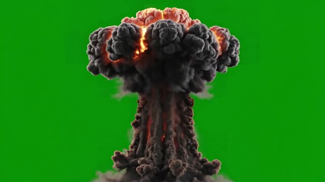 Green Screen the explosion of a nuclear bomb realistic 3d animation atomic with fire smoke and mushroom cloud in front scene 4 distortion, overlay, glitch, static noise, scan lines on black