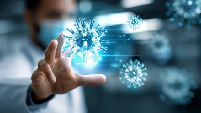 A scientist interacts with a digital hologram of a virus, symbolizing advanced medical research and biotechnology. Futuristic laboratory environment highlights innovation and technology