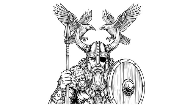 Viking Warrior with Ravens and Spear, Norse Mythology, Ancient Warrior, Black and White Illustration