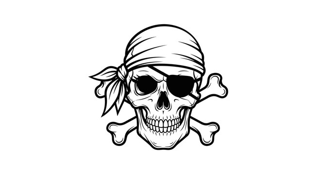 Pirate Skull with Bandana and Eye Patch, Crossbones - Vector Illustration