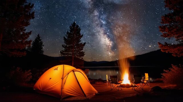 Camping Under Starry Night Sky With Lit Tent Campfire Chairs Beside Lake Relaxation Travel Vacations Outdoor Experiences