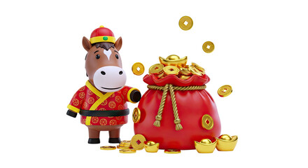 Cartoon Horse with Red Bag of Gold Coins and Ingots, Chinese New Year Theme