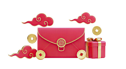 Chinese New Year red envelope, gift box, coins, and clouds