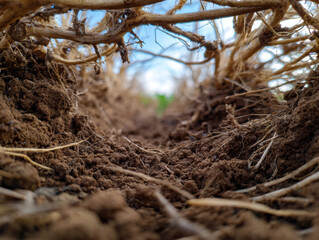 Cover crop roots intertwined underground with soil tunnel and blue sky glimpse, close up earthy texture and natural agricultural detail