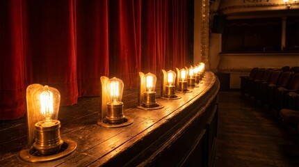Fototapeta premium Vintage Footlights and Red Curtain in Old Theater