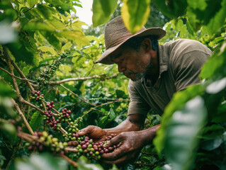 Coffee farmer harvesting ripe coffee cherry by hand under shade tree in lush plantation, hardworking man focused on crop picking with natural light