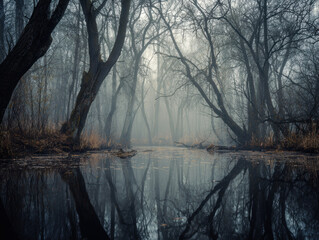 Fog swamp tree reflection misty wetland eerie atmosphere calm solitude