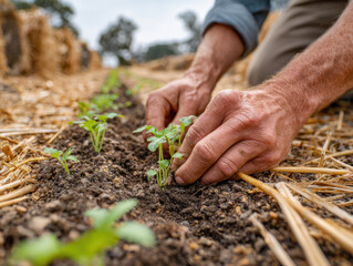 Farmer planting seedlings by hand in no till soil with straw mulch, careful hands nurturing young vegetable plants in field