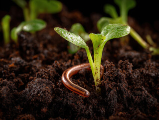 Young seedling emerging from moist soil with earthworm beside stem, fresh green cotyledon and rich brown dirt