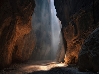 Narrow canyon beam light dust shaft warm rock passageway tranquil mysterious glow