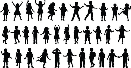 Fototapeta premium Collection of children silhouettes illustration, diverse kids vector set, playful figures artwork design, childhood activity graphics, social interaction icons