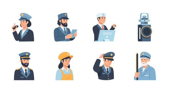 Cartoon illustration of diverse train conductor and railway staff characters with accessories, ideal for transportation or travel projects