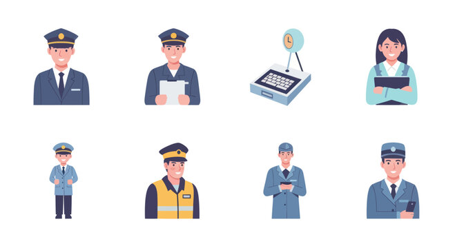Set of cartoon male and female railway workers including conductors, engineers, inspectors, and office employees in uniform with communication devices