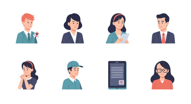 Set of diverse business and casual avatar illustrations with various professions and smart devices, ideal for profile icons and corporate presentations
