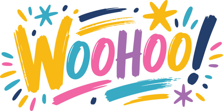 Woohoo colorful calligraphy text, abstract brush lettering for banner, poster, greeting card, birthday card and invitation design vector graphic.