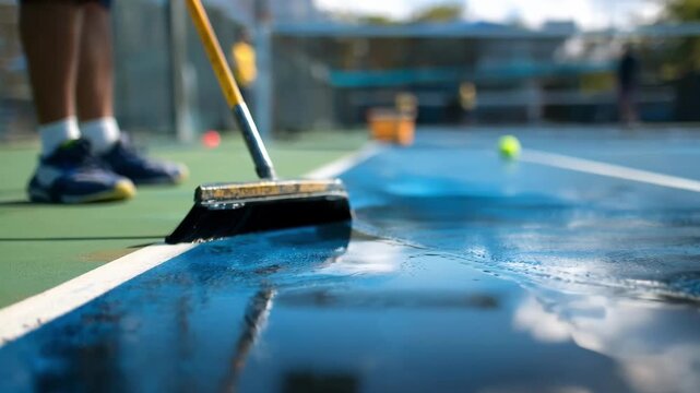 Medium shot of workers applying fresh acrylic coating on a tennis court enhancing the smooth surface for better ball bounce and player performance.