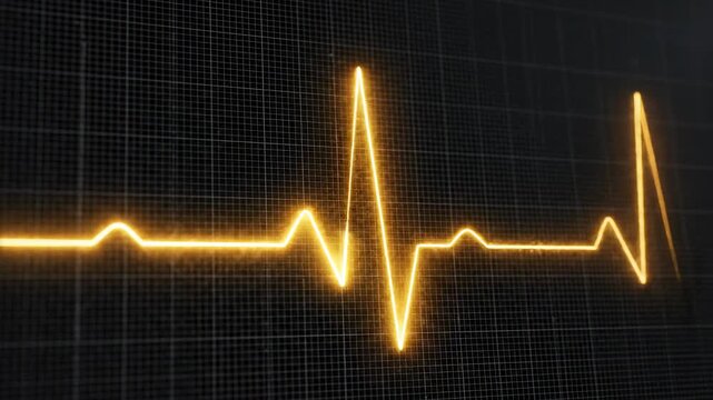 Glowing yellow ECG heartbeat line on a dark grid background with a medical theme.