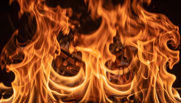 Vibrant flames dance in a mesmerizing display of heat and energy, with wood burning behind it
