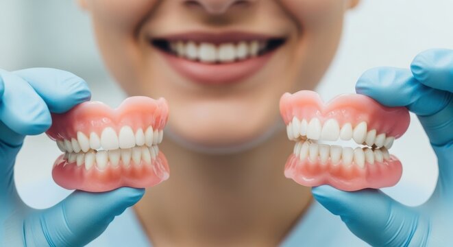 Dentist holding upper and lower denture teeth models for dental care and hygiene