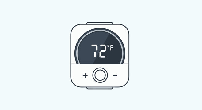 A modern smart thermostat with a digital display shows 72 degrees Fahrenheit, featuring simple control buttons.