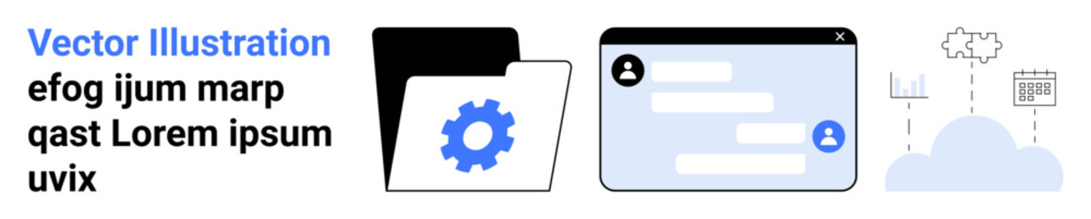 Fototapeta premium Technology, file management, cloud computing, data synchronization, communication tools, UI design. Folder with gear, chat interface and cloud data symbols. Technology and file management concepts