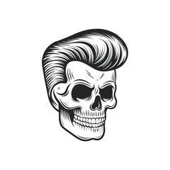 Obraz premium Black and white rockabilly skull illustration with pompadour hairstyle, retro hairstyle hand drawn vector art