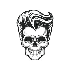 Obraz premium Black and white rockabilly skull illustration with pompadour hairstyle, retro hairstyle hand drawn vector art