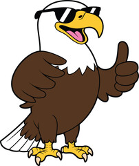 Naklejka premium Cool cartoon bald eagle wearing sunglasses, confident patriotic bird character giving thumbs up, animal mascot illustration isolated on white background