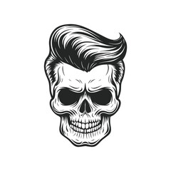 Obraz premium Black and white rockabilly skull illustration with pompadour hairstyle, retro hairstyle hand drawn vector art