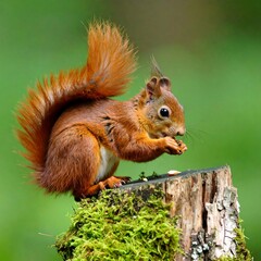 Fototapeta premium A vibrant red squirrel, perched atop a mossy tree stump, nibbles on a seed against a soft green backdrop