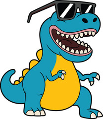 Funny cartoon dinosaur wearing sunglasses, cool T rex character with big smile, cute reptile mascot illustration isolated on white background © MdRobiul