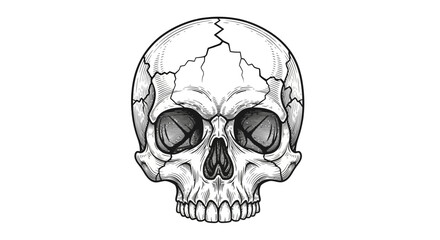 Obraz premium Cracked Human Skull, Black and White, Detailed Drawing, Halloween, Death Symbol