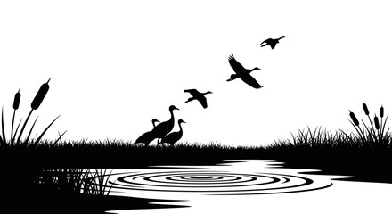 Black silhouette illustration of swans and other birds in a wetland ecosystem with ripples in the water, cattails, and a rice field on World Wetlands Day to protect wetlands. © saputra sida