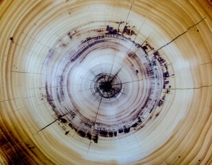 Charred radial design burned into wooden surfboard surface