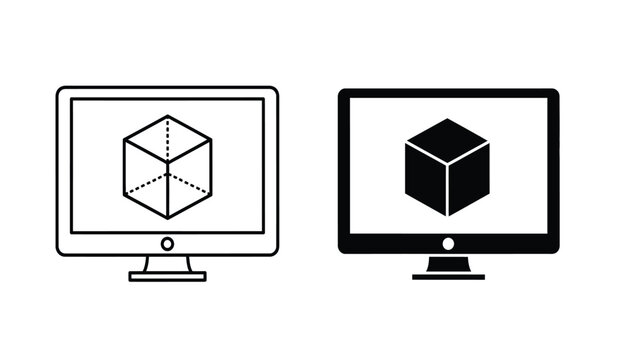 Black and white line art computer monitors displaying 3d cube icons on screen