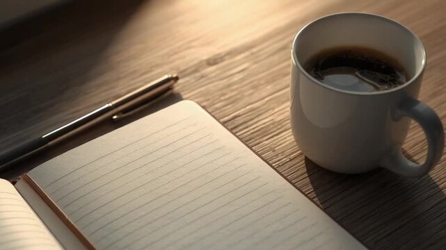 Notebook and Coffee Cup on Wooden Desk Writing and Productivity Concept
