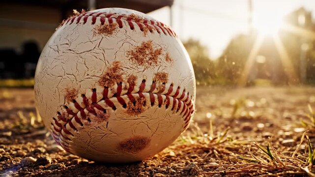 Close-up shot of a worn baseball on grassy field with sunlight shining through, cinematic lighting, warm tones.