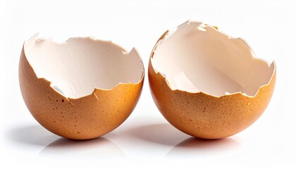 Two cracked brown eggshells on white surface viewed from front