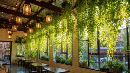 Fototapeta premium Inviting modern cafe interior with lush green plants, warm lighting, and natural sunlight