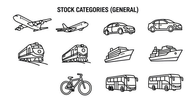 Black and white line art icons of various transportation methods including airplane, car, train, ship, bicycle and bus for general stock category usage