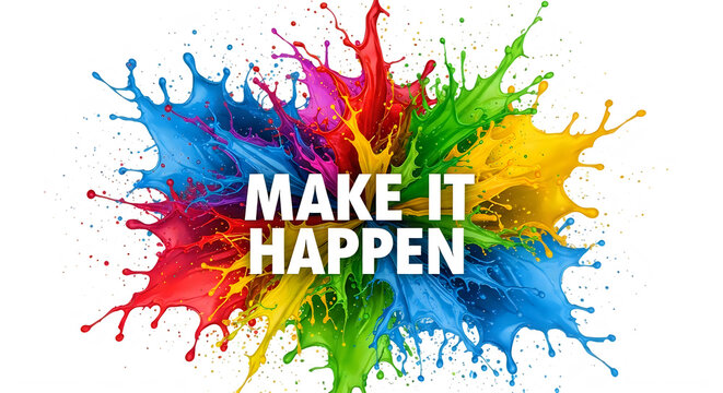 Vibrant paint splatters with motivational phrase make it happen on white background