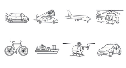 Obraz premium Hand-drawn transportation icons including cars, helicopters, airplane, bicycle, and ship line art for creative travel and transport projects