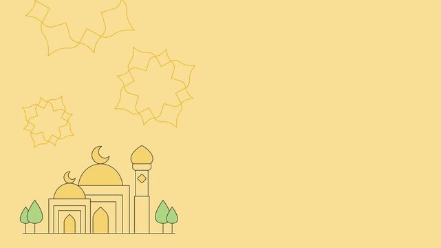 Horizontal Cream Islamic Motion Graphics. Features mosque ornament and rotating mandala patterns. Minimalist yellow cream background for Ramadan greetings and professional social media content.