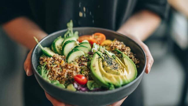 Healthy vegan Buddha bowl with fresh avocado, cherry tomatoes, cucumber, and grains held by a person in a dark shirt. Wholesome plant based meal perfect for clean eating and wellness inspiration