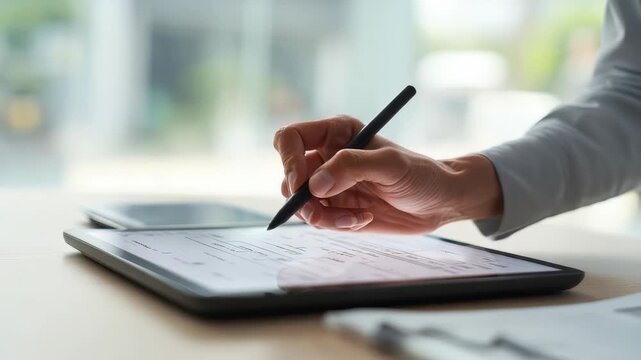 Close up of a person using a digital stylus to write on a tablet in a modern office environment. The scene highlights technology integration and productivity in contemporary workspaces