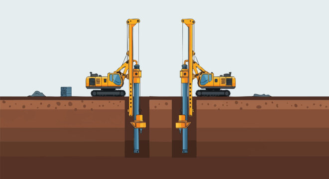 Double Pile Driver Rigs Working on Foundation Construction Site Preparation. Deep drilling into layered earth strata illustration.